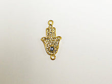 Load image into Gallery viewer, Micro Pave Set Hamsa with Evil Eye, gold plated, Hand of the Fatima Connector Charm - Rf105GP - BeadPrism