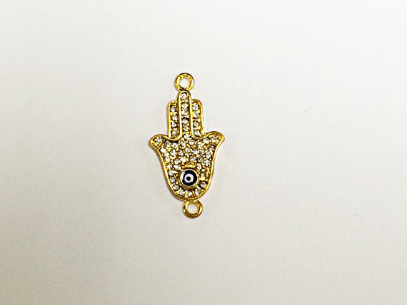 Micro Pave Set Hamsa with Evil Eye, gold plated, Hand of the Fatima Connector Charm - Rf105GP - BeadPrism