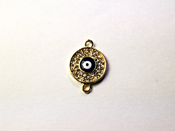 Micro Pave Set Evil Eye Disc, Gold Plated, Bling Rhinestone Crystal Connector Charm - Rf106GP - BeadPrism