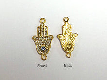 Load image into Gallery viewer, Micro Pave Set Hamsa with Evil Eye, gold plated, Hand of the Fatima Connector Charm - Rf105GP - BeadPrism