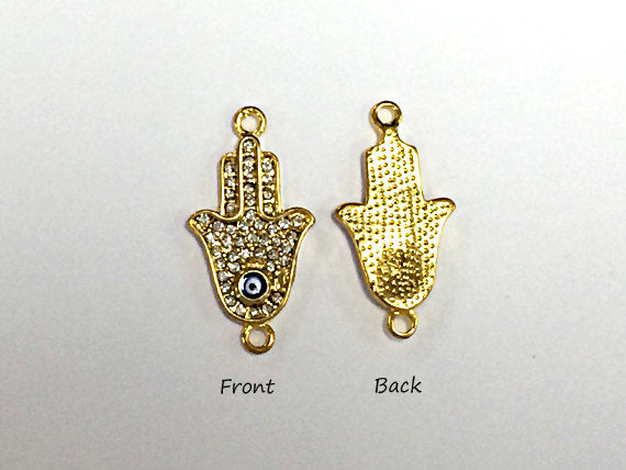 Micro Pave Set Hamsa with Evil Eye, gold plated, Hand of the Fatima Connector Charm - Rf105GP - BeadPrism
