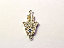 Load image into Gallery viewer, Pave Set Hamsa Evil Eye, Silver Plated Hand of Fatima, Rhinestone Crystal Connector Charm - Rf105SP - BeadPrism