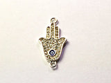 Pave Set Hamsa Evil Eye, Silver Plated Hand of Fatima, Rhinestone Crystal Connector Charm - Rf105SP