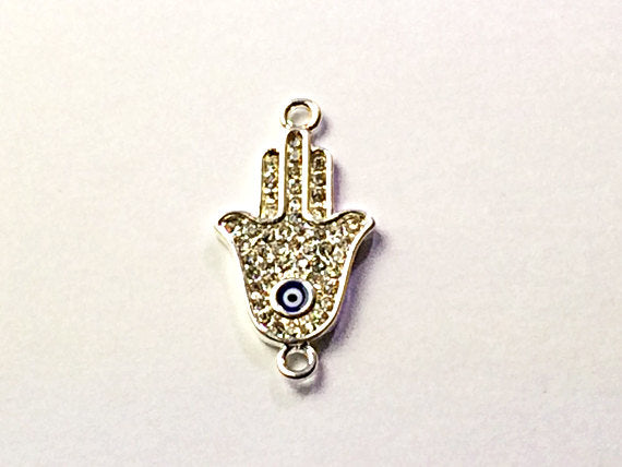 Pave Set Hamsa Evil Eye, Silver Plated Hand of Fatima, Rhinestone Crystal Connector Charm - Rf105SP - BeadPrism