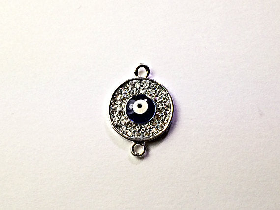 Micro Pave Set Evil Eye Disc, Silver Plated, Bling Rhinestone Crystal Connector Charm - Rf106SP - BeadPrism