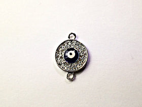 Micro Pave Set Evil Eye Disc, Silver Plated, Bling Rhinestone Crystal Connector Charm - Rf106SP - BeadPrism