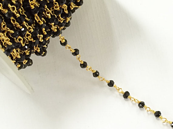 40% OFF Black Spinel 3mm Faceted Gold Plated Wire Wrapped Chain By Foot -CHGS17-BS - BeadPrism