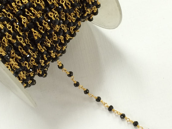 40% OFF Black Spinel 3mm Faceted Gold Plated Wire Wrapped Chain By Foot -CHGS17-BS - BeadPrism