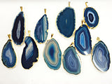 Agate Slice Druzy Pendant Edged in 18K Gold, Blue agate slice gold edged pendant - DP9-AS-Blue
