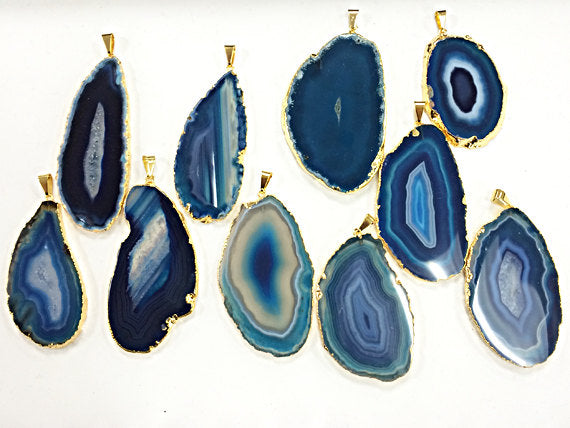 Agate Slice Druzy Pendant Edged in 18K Gold, Blue agate slice gold edged pendant - DP9-AS-Blue - BeadPrism