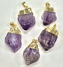 Load image into Gallery viewer, Raw Amethyst Crystal Point Gold Capped Pendant 1" Amethyst Nugget Electroplated gold Cap - BeadPrism