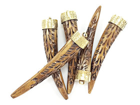 Carved Bone Horn Tusk tooth Pendant with Brass Cap Antique Brown Amulet Extra Large 3.75" - TP125Brn - BeadPrism