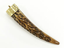 Load image into Gallery viewer, Carved Bone Horn Tusk tooth Pendant with Brass Cap Antique Brown Amulet Extra Large 3.75" - TP125Brn - BeadPrism