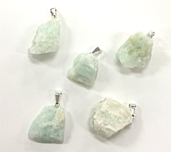 Raw Aquamarine Silver Bail Pendant, Freeform Crystal Point Pendant, 1" Aquamarine Nugget - DP5-Aqua - BeadPrism