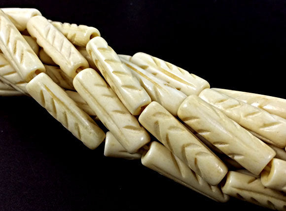 29 Pcs Carved Tube Ivory/Cream Color Bone Spacer Beads, Tribal, Wholesale - B11C - BeadPrism