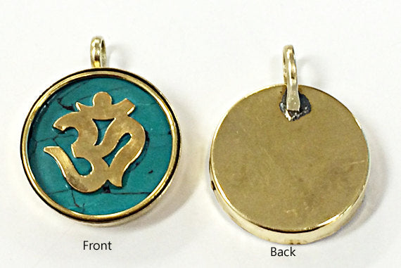 Tibetan Om Ohm Pendant, Brass and Turquoise Inlay, Yoga Pendant, Gold Ohm Om Pendant - AP103-MOP - BeadPrism