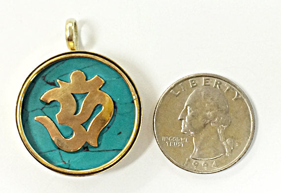 Tibetan Om Ohm Pendant, Brass and Turquoise Inlay, Yoga Pendant, Gold Ohm Om Pendant - AP103-MOP - BeadPrism