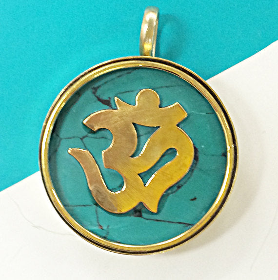 Tibetan Om Ohm Pendant, Brass and Turquoise Inlay, Yoga Pendant, Gold Ohm Om Pendant - AP103-MOP - BeadPrism