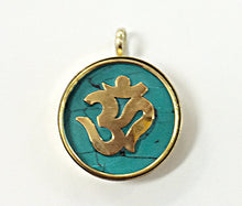 Load image into Gallery viewer, Tibetan Om Ohm Pendant, Brass and Turquoise Inlay, Yoga Pendant, Gold Ohm Om Pendant - AP103-MOP - BeadPrism