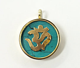 Tibetan Om Ohm Pendant, Brass and Turquoise Inlay, Yoga Pendant, Gold Ohm Om Pendant - AP103-MOP - BeadPrism