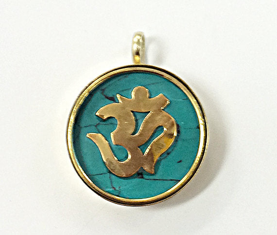 Tibetan Om Ohm Pendant, Brass and Turquoise Inlay, Yoga Pendant, Gold Ohm Om Pendant - AP103-MOP - BeadPrism