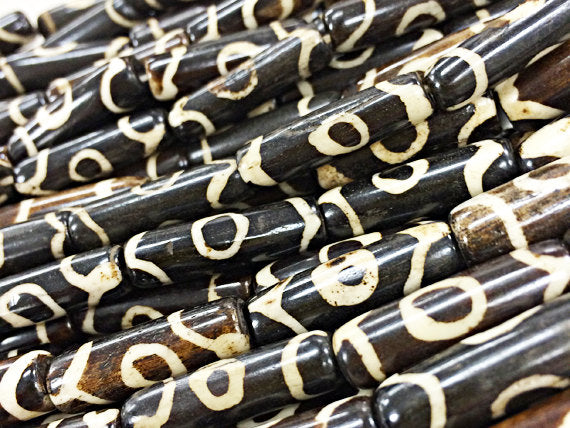 30Pc Batik Natural Bone Tube Spacer Beads, Brown Ivory Cream, Tribal Ethnic Bead Strands BULK-B231 - BeadPrism