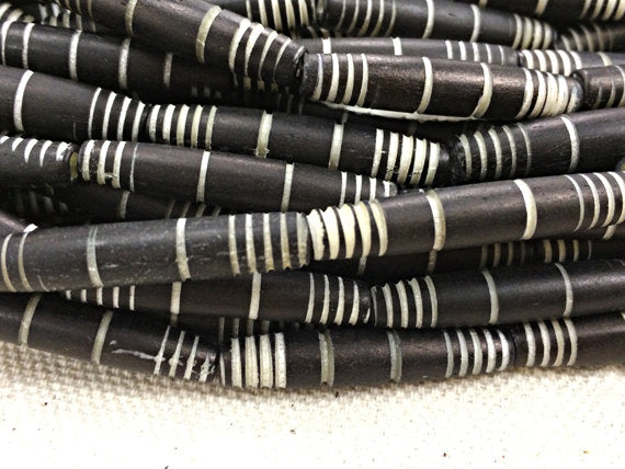 19 Pc Carved Bone Tube Beads, Black and White Spacer Bead Strands, Tribal Ethnic Beads, BULK - B26 - BeadPrism