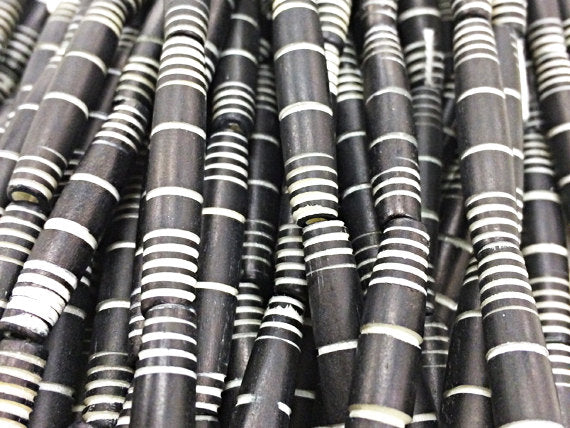 19 Pc Carved Bone Tube Beads, Black and White Spacer Bead Strands, Tribal Ethnic Beads, BULK - B26 - BeadPrism