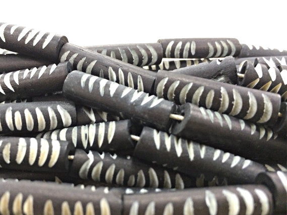 29 Pc Carved Bone Tube Beads, Black and White Spacer Bead Strands, Tribal Ethnic Beads, BULK - B334 - BeadPrism