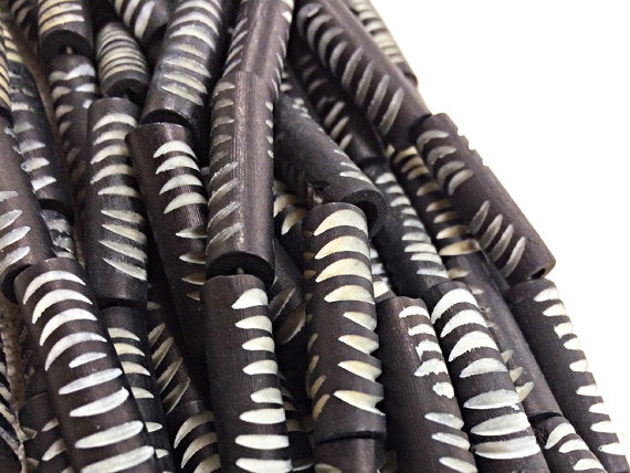 29 Pc Carved Bone Tube Beads, Black and White Spacer Bead Strands, Tribal Ethnic Beads, BULK - B334 - BeadPrism