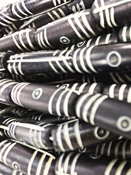 Carved Bone Tube Beads Black & White Natural Bone Spacer Bead Strands, Tribal Ethnic 29 Beads - B24 - BeadPrism