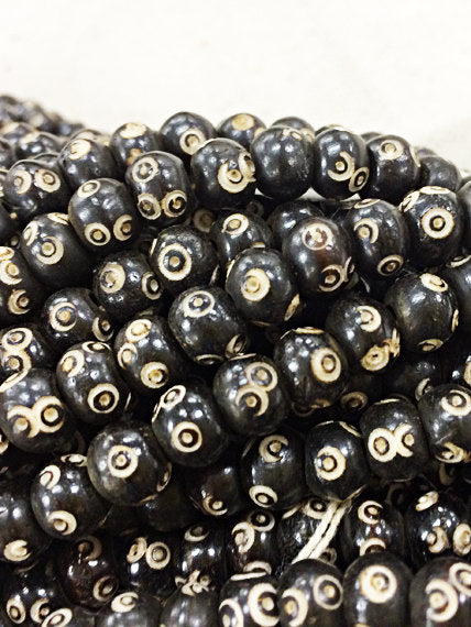 92 Pc Carved Round Bone Beads, Black & White Spacer Bead Strands, Tribal Ethnic Beads, BULK - B333 A - BeadPrism