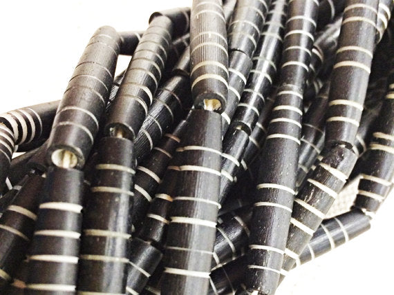 19 Pc Carved Bone Tube Beads Black & White Natural Bone Spacer Bead Strand Tribal Ethnic Beads - B27 - BeadPrism