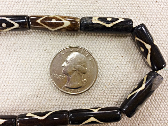 Natural Bone Batik Spacer Beads, Brown Ivory Cream 29 bead strand, Tribal Ethnic Bone Beads -B16 - BeadPrism