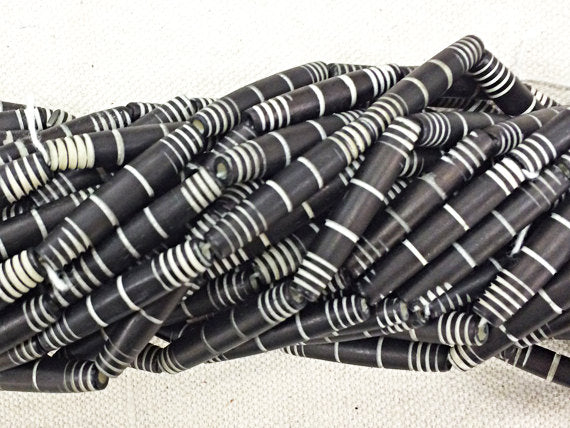 19 Pc Carved Bone Tube Beads, Black and White Spacer Bead Strands, Tribal Ethnic Beads, BULK - B26 - BeadPrism
