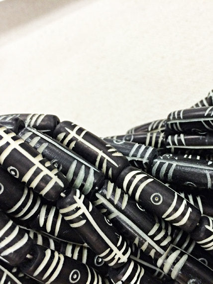 Carved Bone Tube Beads Black & White Natural Bone Spacer Bead Strands, Tribal Ethnic 29 Beads - B24 - BeadPrism