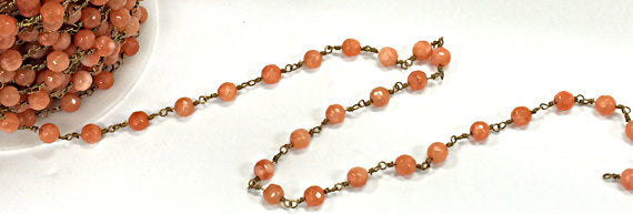40%OFF Coral Jade Faceted Round 6mm Gemstone Rosary Chain by Foot, Gold Plated Wire -Ch175 - BeadPrism