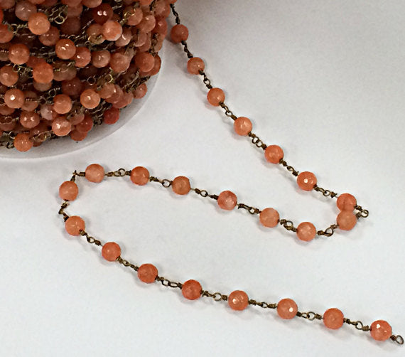 40%OFF Coral Jade Faceted Round 6mm Gemstone Rosary Chain by Foot, Gold Plated Wire -Ch175 - BeadPrism