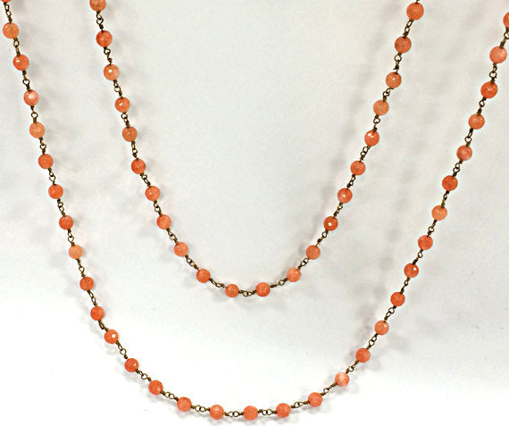 40%OFF Coral Jade Faceted Round 6mm Gemstone Rosary Chain by Foot, Gold Plated Wire -Ch175 - BeadPrism