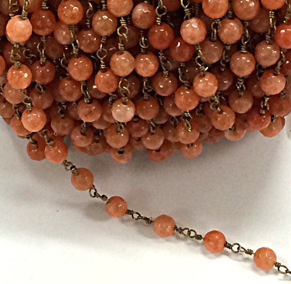 40%OFF Coral Jade Faceted Round 6mm Gemstone Rosary Chain by Foot, Gold Plated Wire -Ch175 - BeadPrism