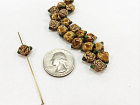 10 Tiny Gold Colored Rose Beads, Hand Painted Ceramic Flower Beads, Teeny CBS - 142 - BeadPrism