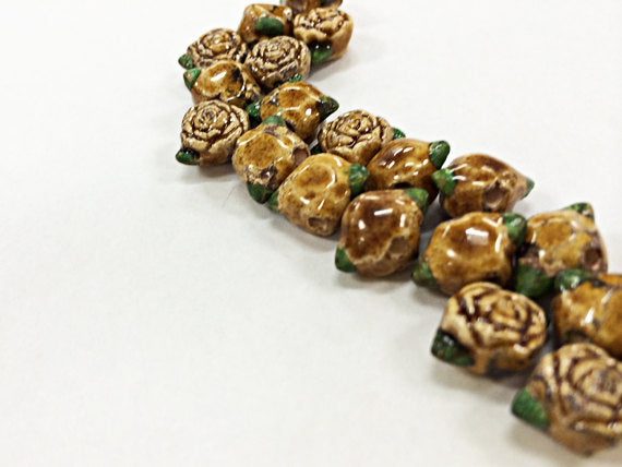 10 Tiny Gold Colored Rose Beads, Hand Painted Ceramic Flower Beads, Teeny CBS - 142 - BeadPrism