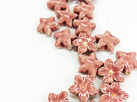 10 Tiny Pink Iris Flower Beads, Hand Painted Ceramic Beads, Teeny CBS - 132 - BeadPrism