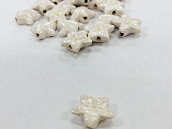 4Pc Small White Iris Flower Hand Painted Ceramic Beads, teeny white flower beads CBS-128 - BeadPrism