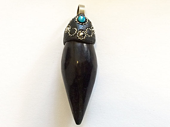 Real Horn Tooth Tusk Horn Pendant Black Silver Chrysoprase Gemstone  3 Inch - TP132D - BeadPrism