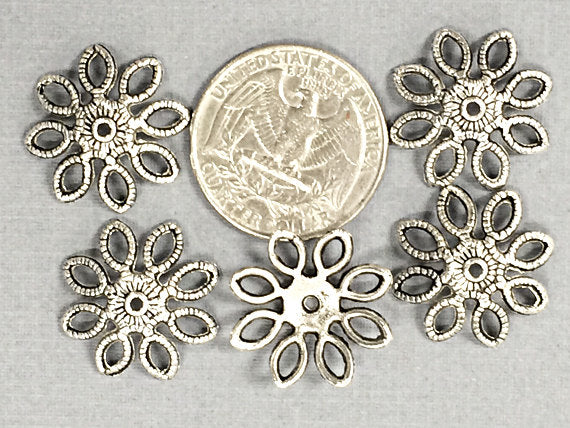 40 Pc Bead Caps, Large Pewter Cap 19mm Antique Silver BULK Wholesale - PBF021 - BeadPrism