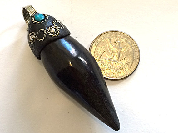 Real Horn Tooth Tusk Horn Pendant Black Silver Chrysoprase Gemstone  3 Inch - TP132D - BeadPrism