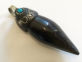 Real Horn Tooth Tusk Horn Pendant Black Silver Chrysoprase Gemstone  3 Inch - TP132D - BeadPrism