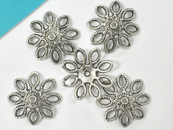 40 Pc Bead Caps, Large Pewter Cap 19mm Antique Silver BULK Wholesale - PBF021 - BeadPrism