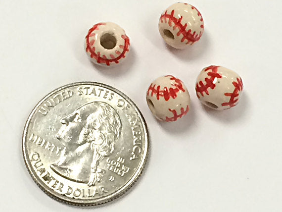 20pc 8mm Ceramic Baseball Sports Beads with Red stitches - Hand Painted DS234 - BeadPrism